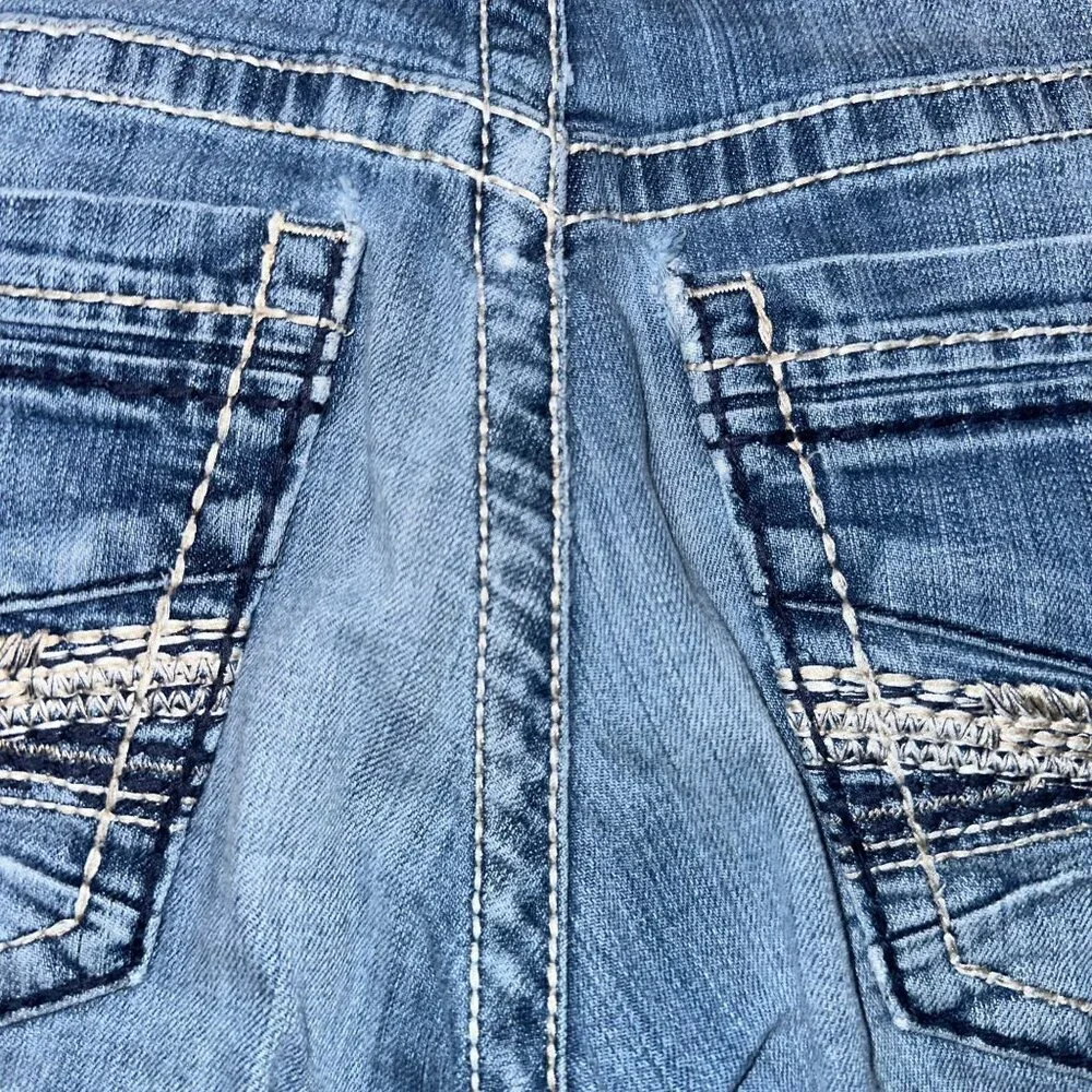 BKE Carter Straight Leg Jeans Mens 30 27 Light Wash Well Worn Grunge Embroidered